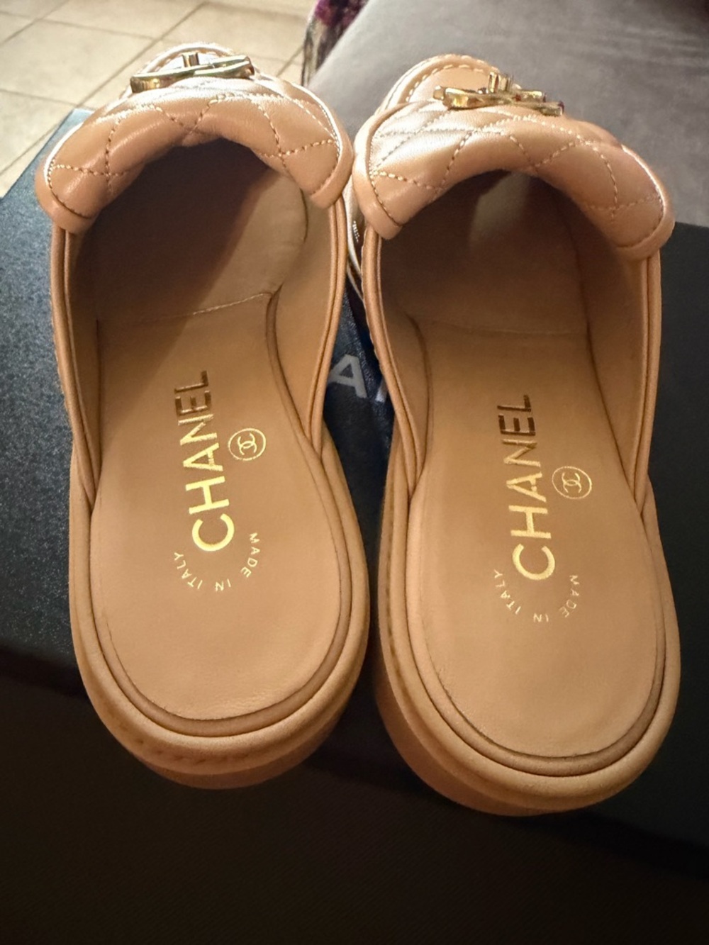CHANEL Tan Quilted Leather Logo Backless Loafers - Picture 2 of 4